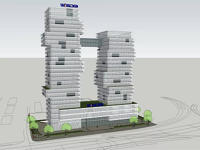 Modern High Rise Office Building With Glass Facade Twin Towers And Landscaping 3d model