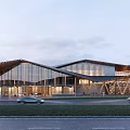 Modern Wooden Visitor Center With Sloped Roof Purple Flower Beds And Outdoor Area