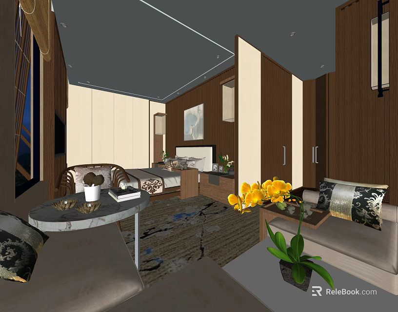 Hotel Room Interior Design Featuring Sofa Coffee Table Bed Yellow Flowers And Decorative Rug 3d model 
