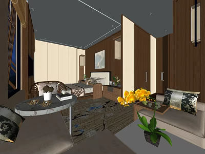 Hotel Room Interior Design Featuring Sofa Coffee Table Bed Yellow Flowers And Decorative Rug 3d model