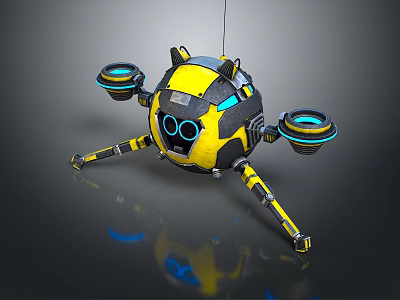 Yellow And Black Robot With Cat Ear Design Blue Glowing Rings And Four Legs 3d model