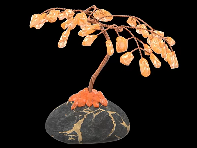 Decorative Ornament Set with Copper Wire Tree Yellow Crystals on Black Base with Golden Veins 3d model