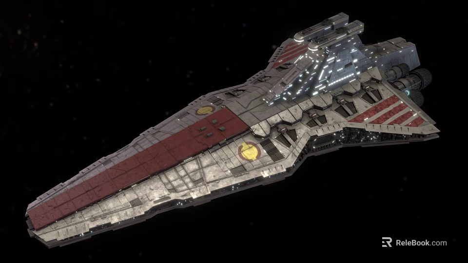 Interstellar Metal Fighter Ship With Detailed Red Gray Design In Cosmic Space 3d model 