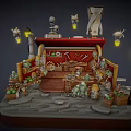 Cartoon Small Shop Scene With Stone Path Street Lamps Hanging Lanterns And Shelf Items