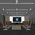 Modern Conference Room Interior With Long Table Brown Chairs Large Screen Lighting Strips And Blinds