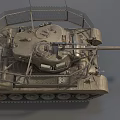 Military Tank Featuring Protective Wire Mesh Turret And Heavy Metal Tracks Design
