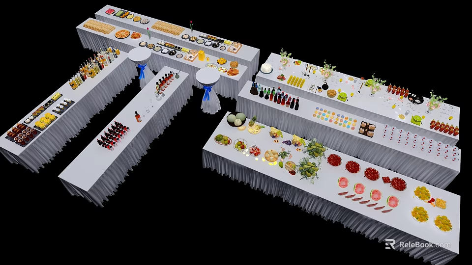 Coffee Break Area With Buffet Tables Various Snacks Drinks And Decorative Plants 3d model