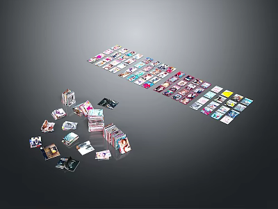 Various Design Stickers Scattered And Neatly Arranged On Gray Background 3d model