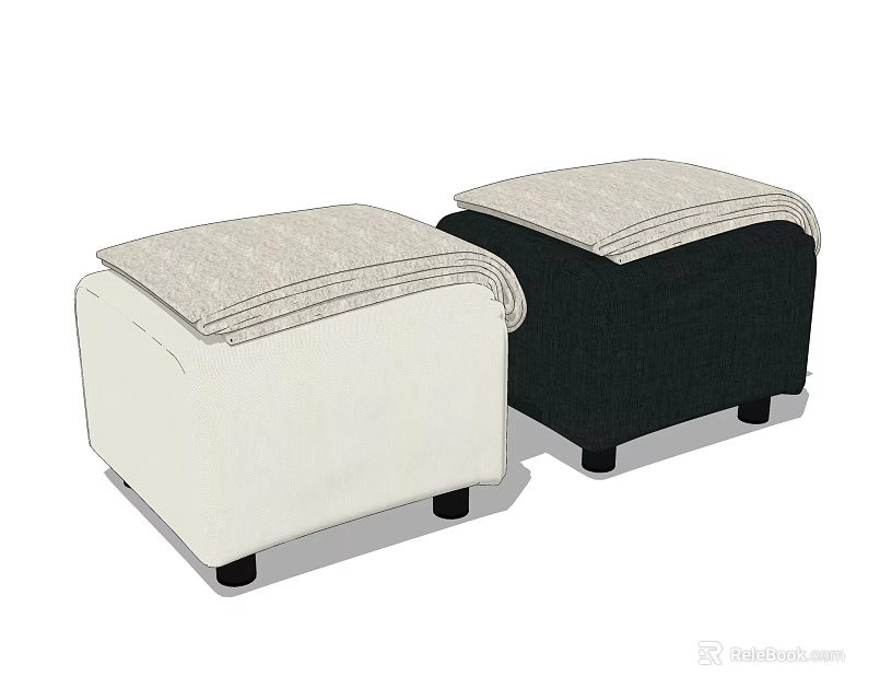 Beige And Black Fabric Padded Ottoman Footstool Modern Home Furniture Design 3d model 