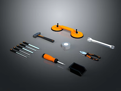 Industrial Equipment Tool Set With Hammer Wrench Screwdriver Pliers Suction Cup And Nut 3d model