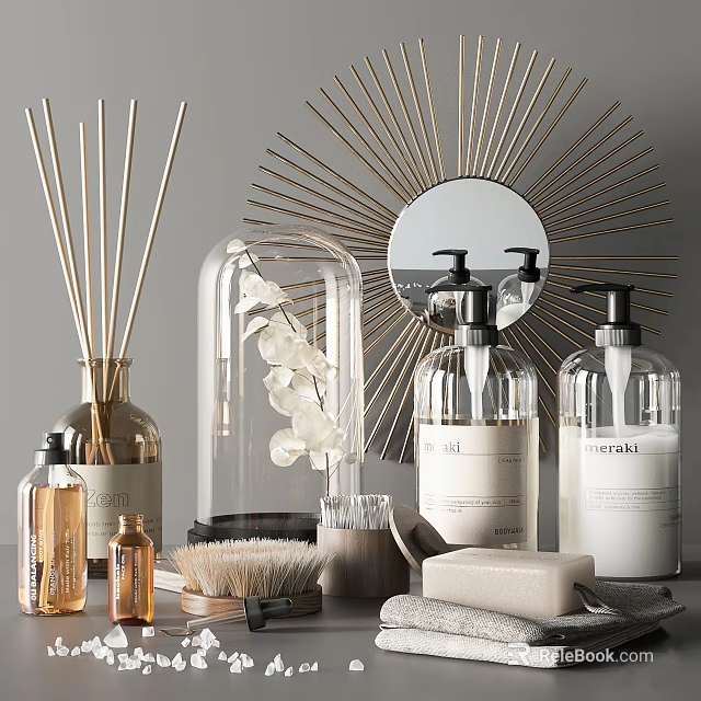 Stylish Bathroom Accessories With Reed Diffusers Glass Containers Soap Bars And Starburst Mirror 3d model 