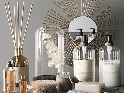 Stylish Bathroom Accessories With Reed Diffusers Glass Containers Soap Bars And Starburst Mirror 3d model