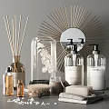 Stylish Bathroom Accessories With Reed Diffusers Glass Containers Soap Bars And Starburst Mirror 3d model