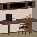 Modern Wooden Desk with Black Speaker Books and Wooden Figurines Plus Wall Shelf