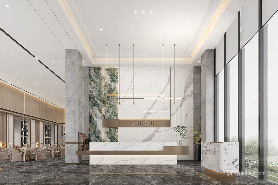Modern Reception Desk Interior With Marble Countertop Hanging Lights And Potted Plant In Elegant Lobby 3d model 