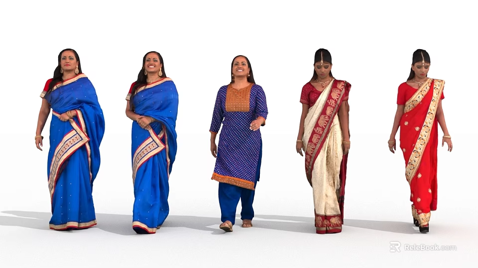 Women Posing In Traditional Sari And Kurta Outfits With Colorful Patterns 3d model 