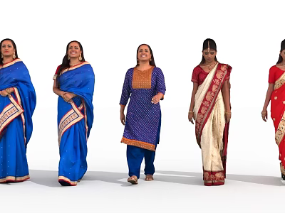 Women Posing In Traditional Sari And Kurta Outfits With Colorful Patterns 3d model