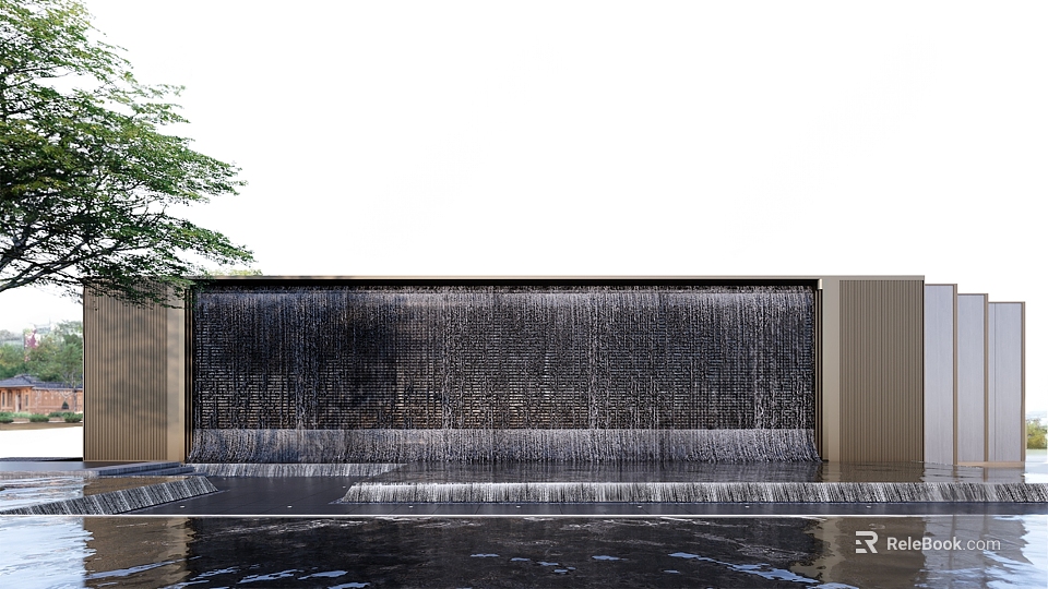 Modern Waterfall Wall With Flowing Water Reflection Pool And Green Plants 3d model 