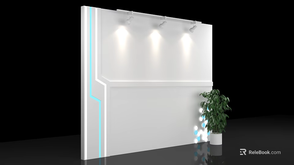 Modern White Wall With Top Spotlights Blue Accent Lines Green Plant And String Lights 3d model 