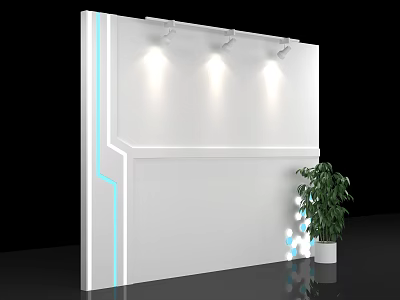 Modern White Wall With Top Spotlights Blue Accent Lines Green Plant And String Lights 3d model