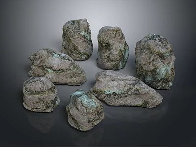 Collection Of Natural Decorative Stones With Rough Surface Green Moss And Irregular Shapes 3d model