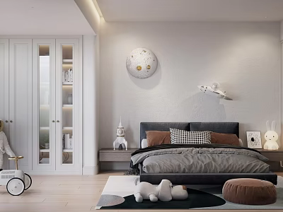 Cozy Kids Room Interior With Moon Wall Decor Bed Storage Cabinet And Rabbit Plush Toys 3d model