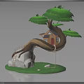 Wooden Treehouse Structure Built On Curved Tree Branch With Ladder And Rock Base