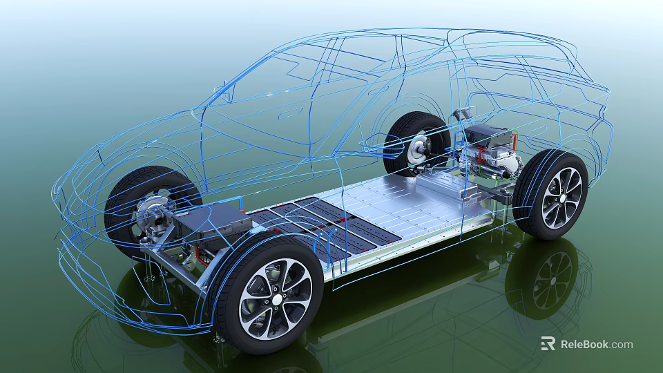 Electric Vehicle Wireframe Model Showing Chassis Structure And Battery Components 3d model 