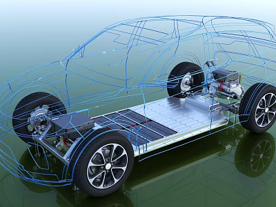 Electric Vehicle Wireframe Model Showing Chassis Structure And Battery Components 3d model