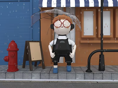 Cartoon Rainy Street Scene With Red Fire Hydrant Character In Glasses And Umbrella 3d model