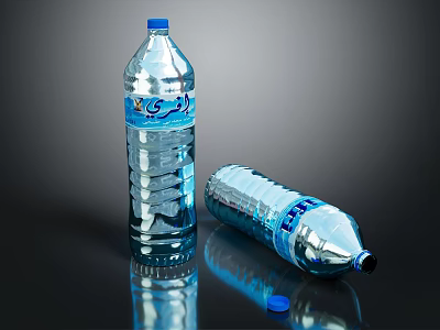 Transparent Mineral Water Bottles One Standing One Lying With Blue Label And Loose Cap 3d model