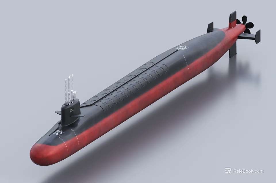 Advanced Military Submarine Weapon With Black Red Hull Periscope And Propeller System 3d model 
