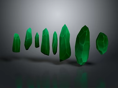 Green Crystals in Various Shapes with Glossy Surface on Gray Background 3d model