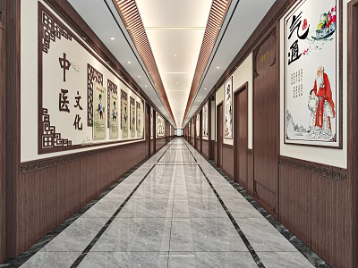 Chinese Style Elevator Hallway With Traditional Chinese Medicine Culture Paintings Wooden Walls And Marble Floors 3d model