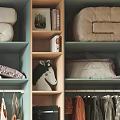 Organized Teal Open Wardrobe With Hanging Clothes Folded Towels Books And Shoes