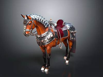 Brown Horse With Silver Decorative Armor And Red Saddle Design 3d model