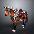 Brown Horse With Silver Decorative Armor And Red Saddle Design