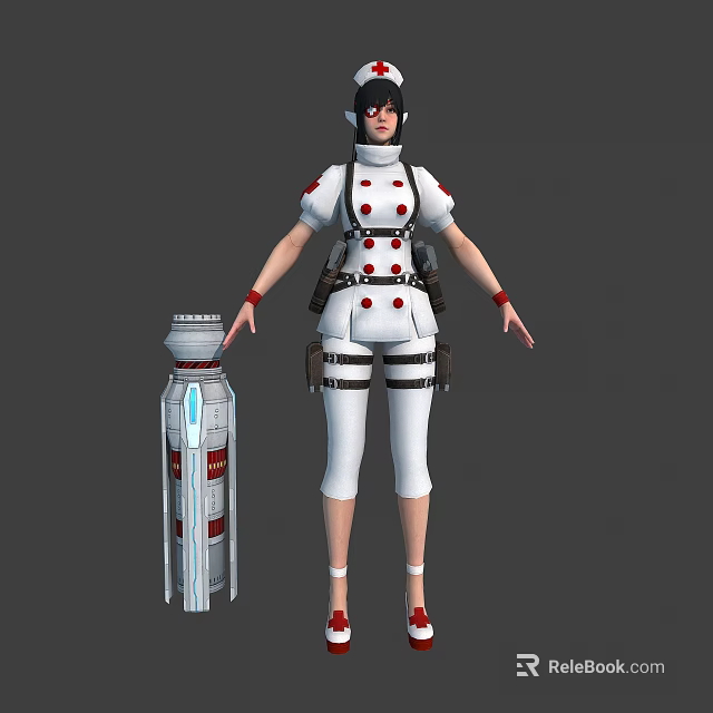 Character In White Uniform With Red Accents Standing Near Silver Blue Striped Creature 3d model 