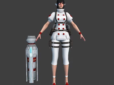 Character In White Uniform With Red Accents Standing Near Silver Blue Striped Creature 3d model