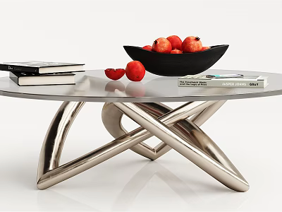 Modern Coffee Table With Glass Top Metal Cross Base Black Bowl Red Fruits And Books 3d model