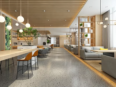 Modern Café Interior With Wooden Ceiling Pendant Lights Greenery Long Bar Counter And Orange Chairs 3d model