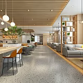 Modern Café Interior With Wooden Ceiling Pendant Lights Greenery Long Bar Counter And Orange Chairs