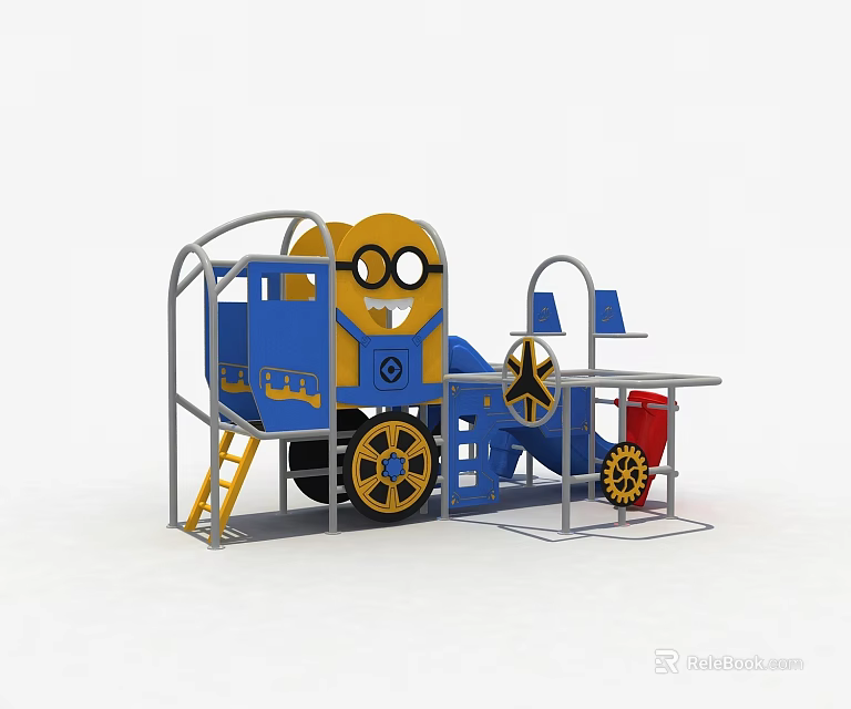 Yellow And Blue Minion Themed Train Shaped Playground Equipment With Slide Ladder And Gear Decorations 3d model 
