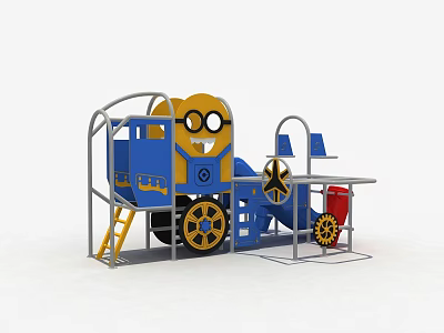 Yellow And Blue Minion Themed Train Shaped Playground Equipment With Slide Ladder And Gear Decorations 3d model