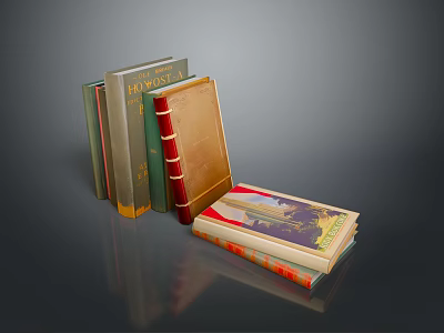 Vintage Books as Daily Living Essentials with Various Color Covers Stacked and One Lying 3d model