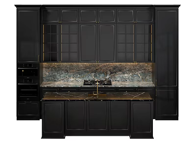 Black Modern Kitchen Cabinets With Marble Countertop Gold Accents And Glass Doors 3d model