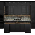 Black Modern Kitchen Cabinets With Marble Countertop Gold Accents And Glass Doors