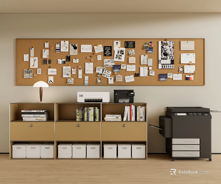Light Brown Entryway Side Cabinet With Storage Drawers Lamp Printer Books And Corkboard 3d model 