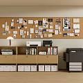 Light Brown Entryway Side Cabinet With Storage Drawers Lamp Printer Books And Corkboard
