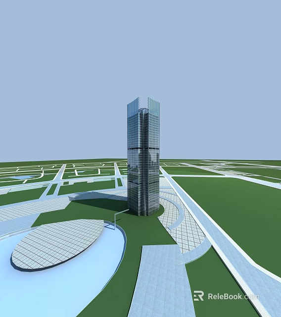 Tall Modern Glass Office Building With Urban Green Landscaping And Plaza 3d model 